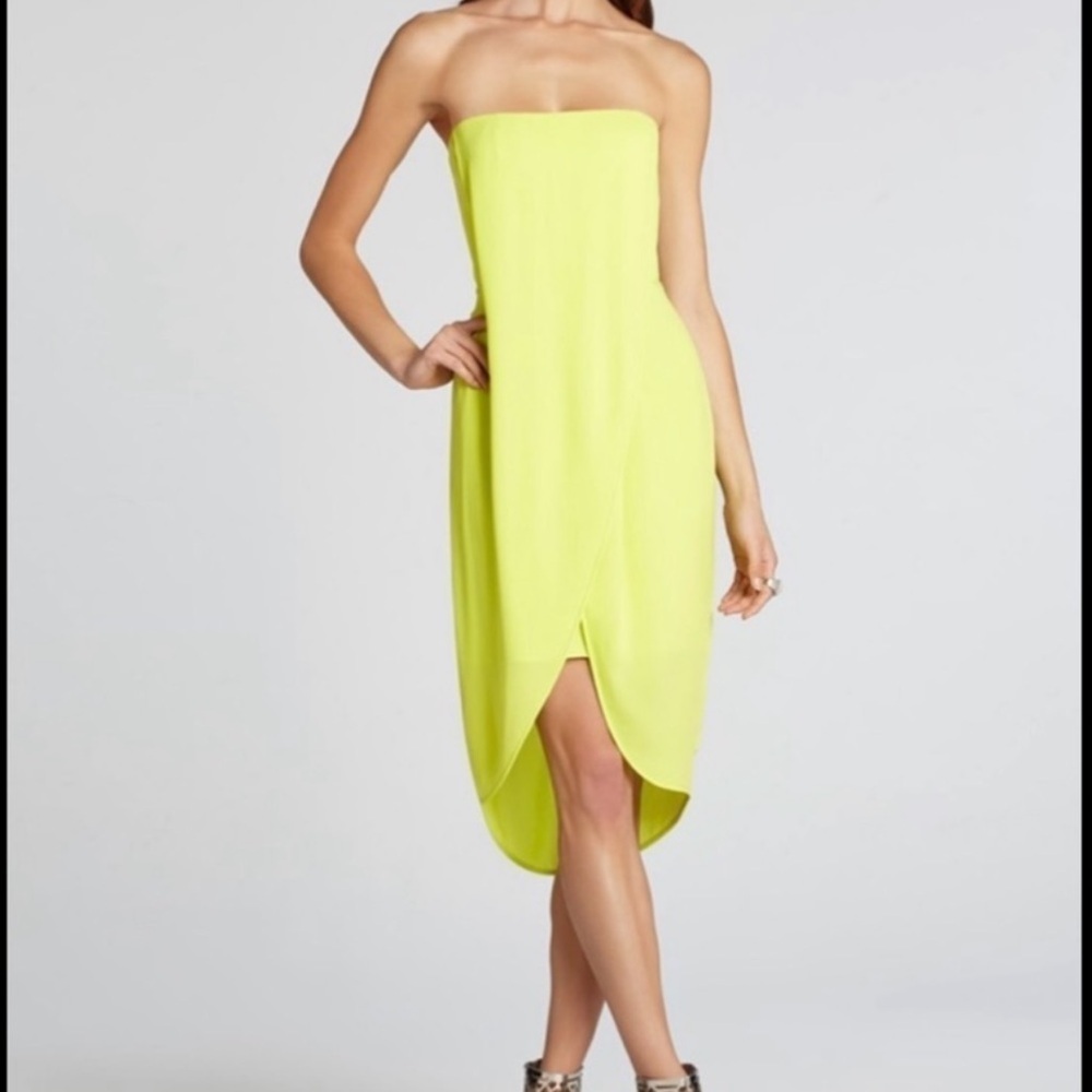 BCBGMaxAzria Neon Green, Yellow Strapless Asymmetrical Wrap Formal Midi Dress
